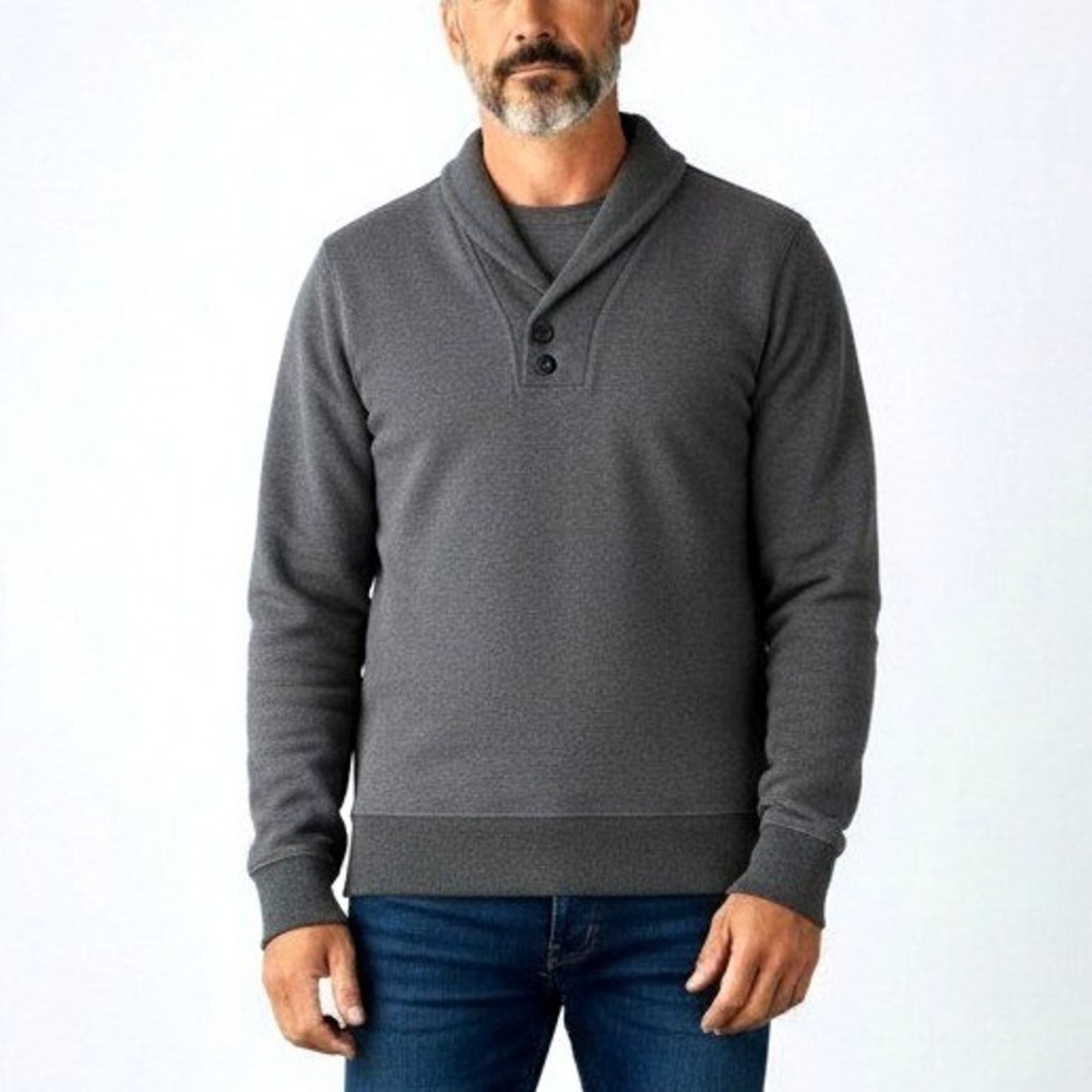 Banana Republic Mens Shawl Collar Pullover Sweater Gray Kangaroo Pocket Large